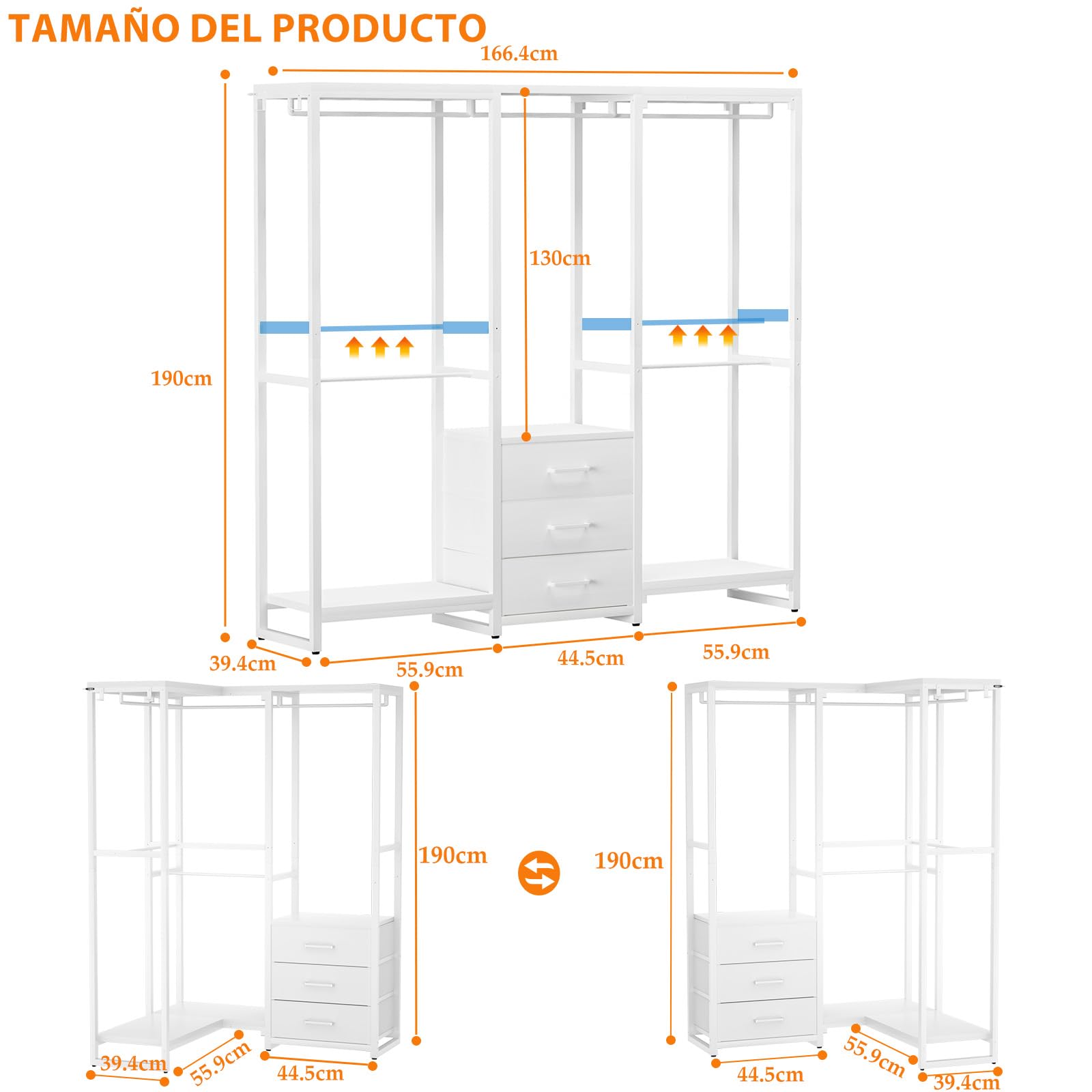Homieasy Armario Abierto Con 5 Barras Y 3 Cajones De Tela | Estructura De Metal Y Paneles De Madera, Capacidad De Carga Hasta 450 Kg, Para Dormitorio, Vestidor O Pasillo