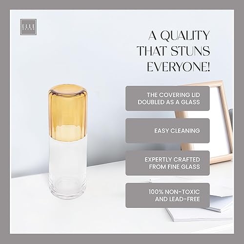 Miniatura 7 de elle decor Jarra de agua de cabecera con juego de tazas, jarra de vidrio liso y vaso acanalado que se dobla como tapa, jarra de 27 onzas para