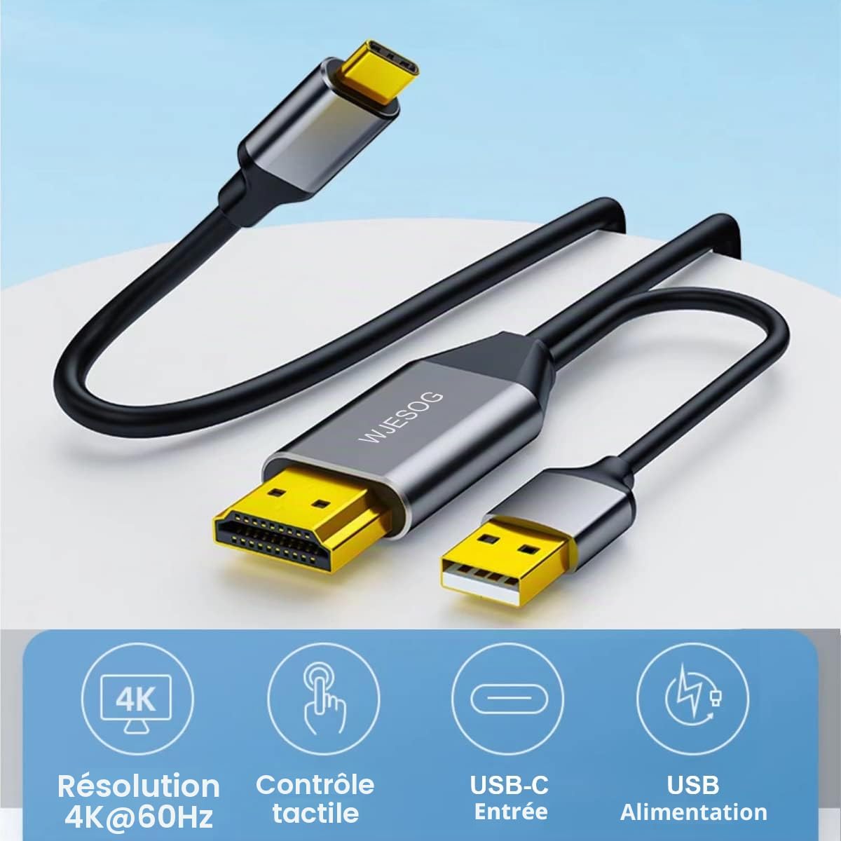 HDMI vers USB C Câble 6.6ft 4K@60Hz avec Alimentation USB, Convertisseur HDMI mâle vers Type C Mâle Compatible Touch pour MacBook Pro, Mac Air, Nreal Air VR