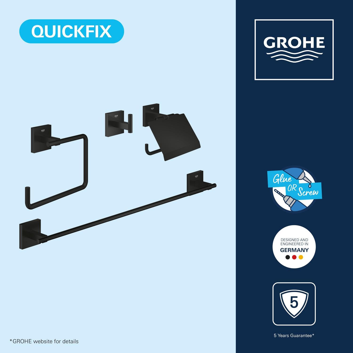 GROHE Start Cube Quickfix, Conjunto de Accesorios de baño 4 en 1 (Colgador, argolla, portarollos y toallero), Negro Mate 411152430