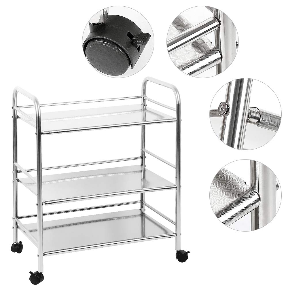 LANTUS Carrello Multiuso Patira in Metallo Cromato 3 Ripiani, con Ruote Carrello da Cucina a 3 Ripiani, in Acciaio Inox,Carrello da Pranzo in Acciaio Inossidabile a Tre Strati in Acciaio Inossidabile