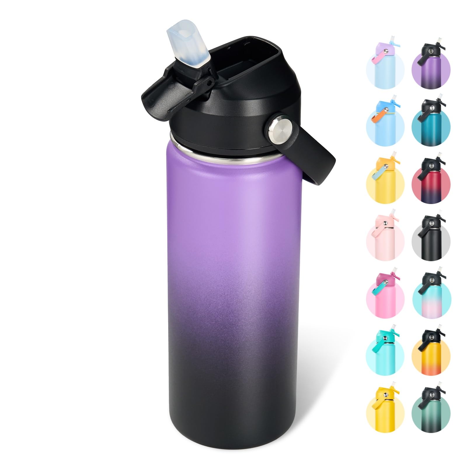 Fijinhom 18oz Insulated Stainless Steel Water Bottle, Wide Mouth Double Wall Vacuum, Silicone Straw, Sweat & Leak Proof, BPA Free Insulated Water Flask for Travel, Purple & Black Purple & Black 18 Ounces
