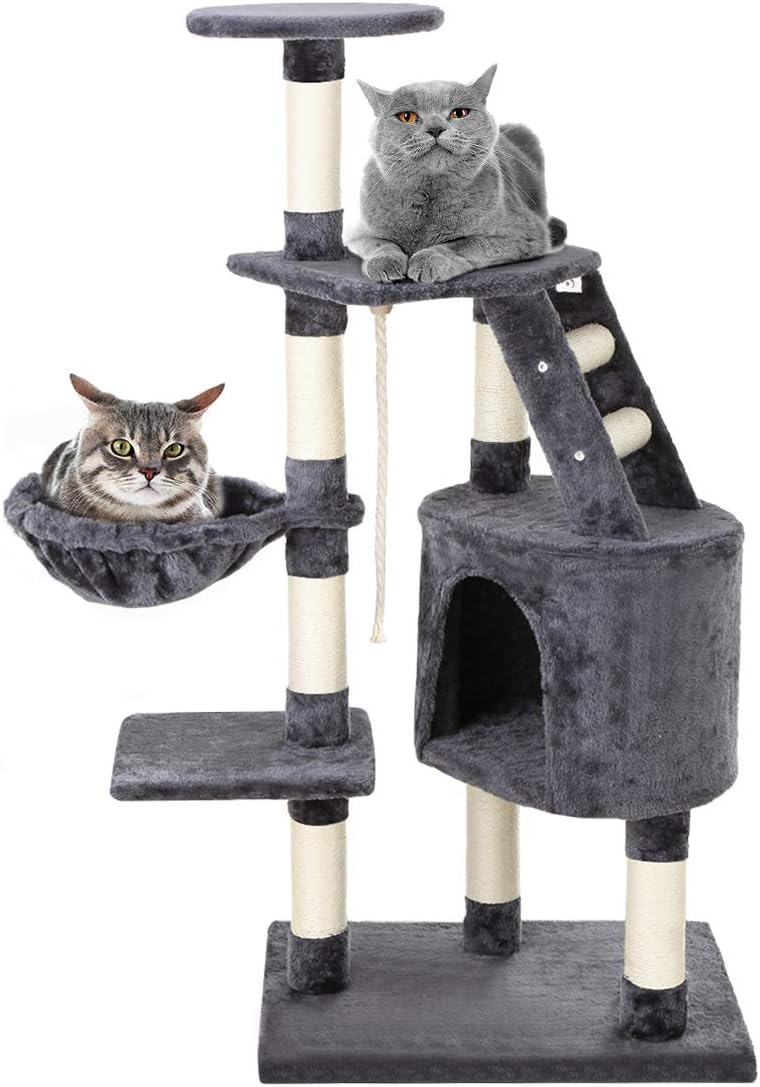 Petonaut 122cm Cat Tree Activity Centre Climbing Tower Furniture with Sisal Scratching Posts Plush Pet Condo House Perch Hammock Bed Ladder Hanging Rope Play Toy for Cats Kittens Gray