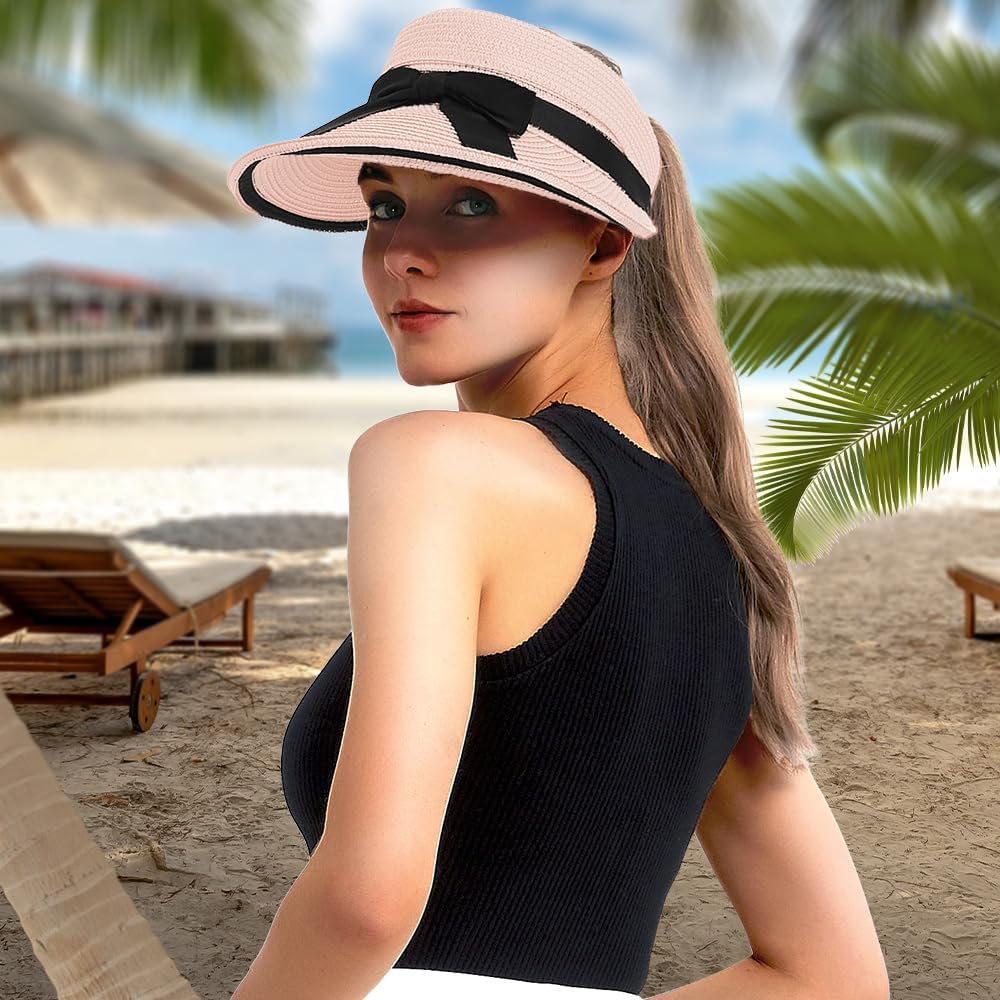 ProtectX Straw Sun Visor Hat for Women Summer Beach Sun Hats Packable Foldable UPF 50+ Handmade Straw Hats for Women Ponytail