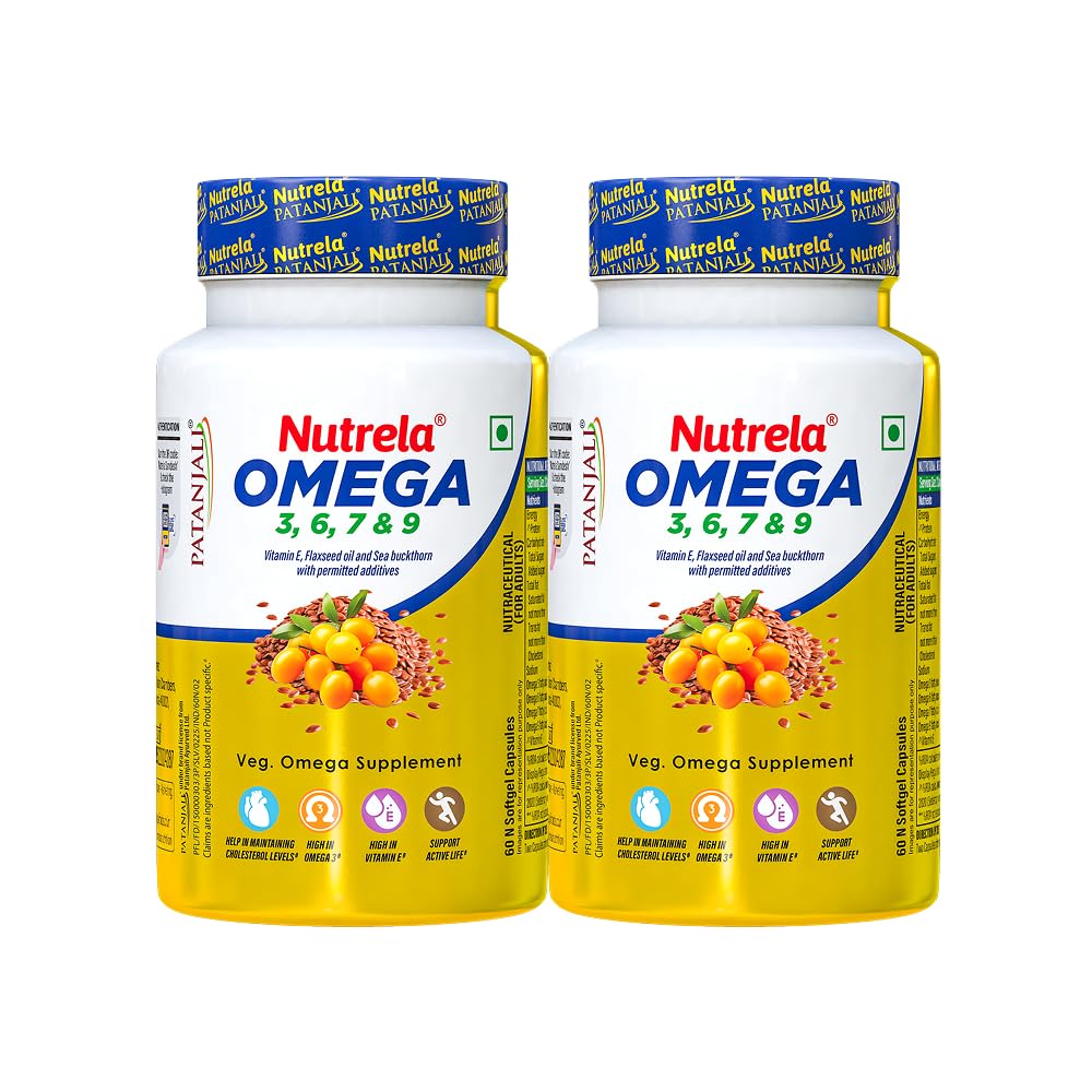 NUTRELA Patanjali Omega 3 6 7 9 vegetarian softgels - Pack of 60 Softgels (Pack of 2)