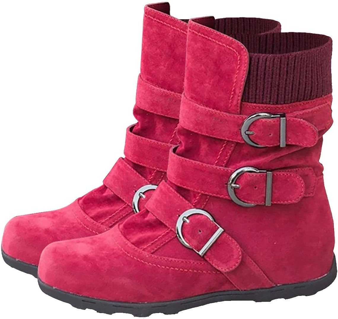 JITUUE Winter Boots for Women Snow Mid Calf Flat Ankle Booties for Cowgirl Side Zip Buckle Strappy Shoes