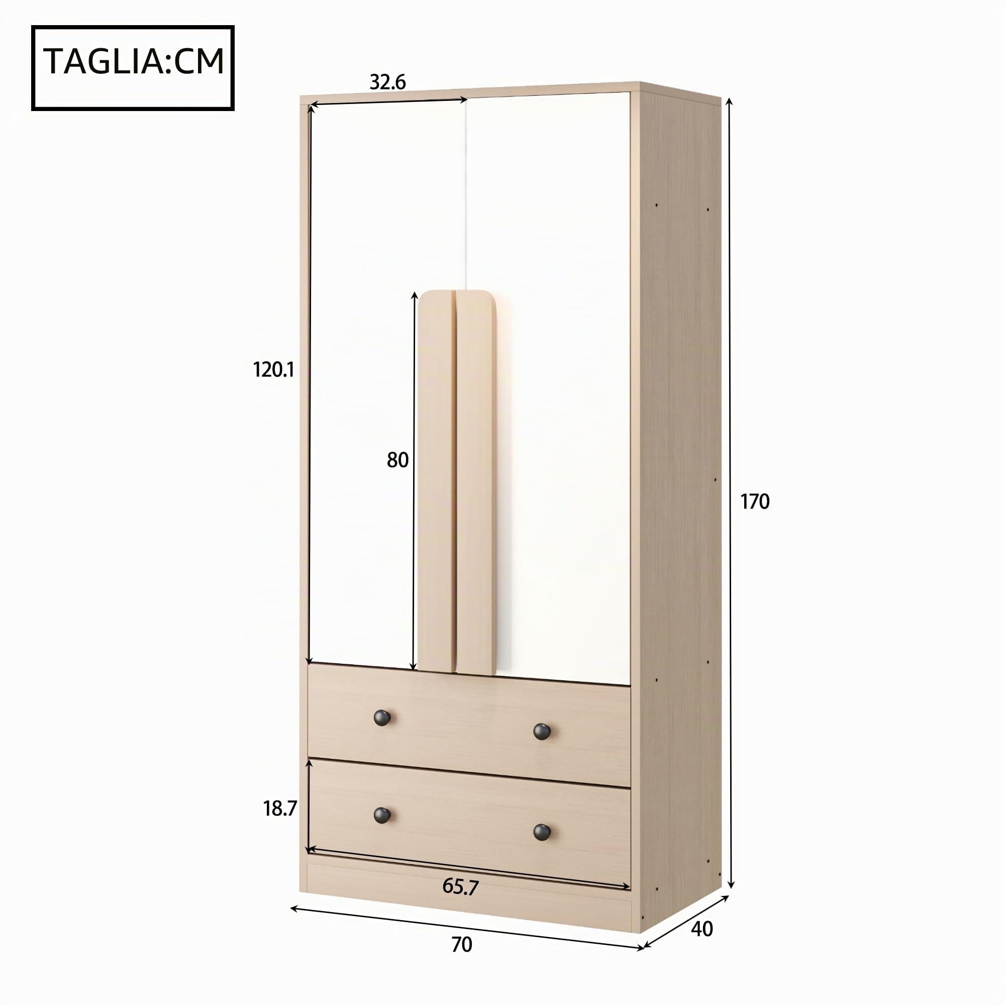 Idemon Armadio 70 x 40 x 170 cm, design a doppia ante, con cassetti e ripiani (naturale)