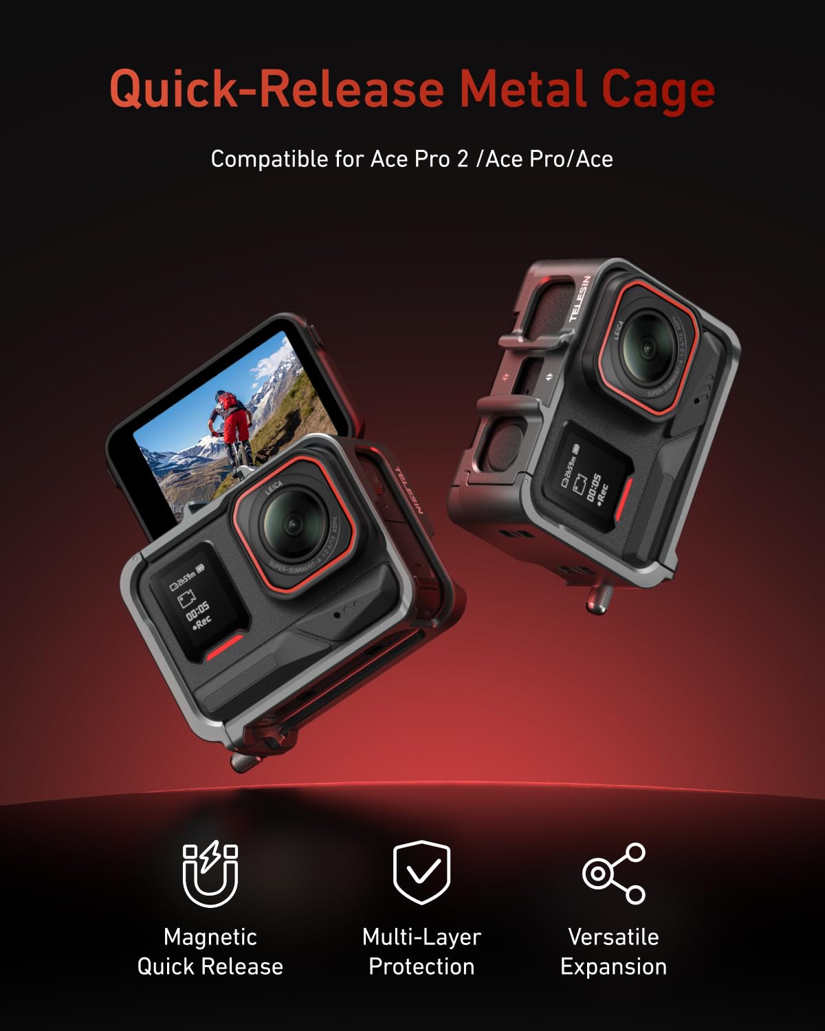 TELESIN Custodia protettiva in lega di alluminio per Insta 360 Ace Pro2/Ace Pro/Ace, custodia protettiva in metallo a sgancio rapido con vite da 1/4 di pollice e slitta per accessori