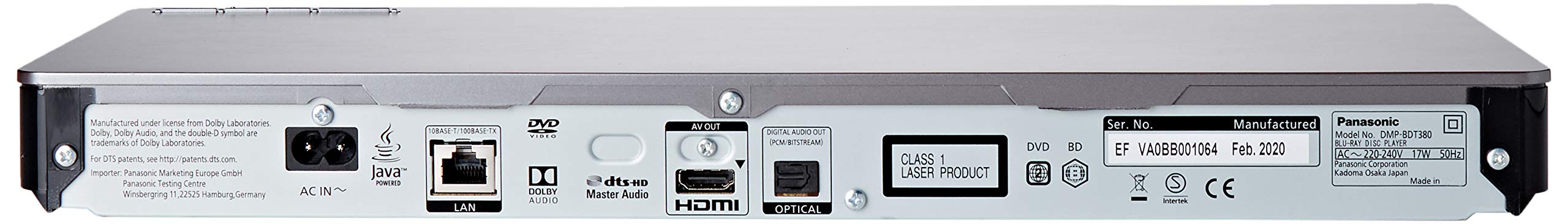 Panasonic Lecteur Blu Ray 3D upscaling 4K DMP-BDT380EF I Convertisseur Ultra Haute Définiton Lecture JPEG 4K Applications Internet Vidéo à la Demande Port USB WiFi Noir - Version Française