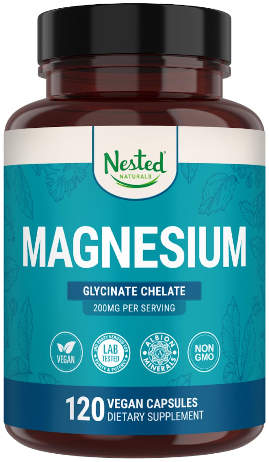 Nested Naturals Magnesium Glycinate Chelate - 200mg Chelated Magnesium Supplement for Muscle Cramps, Relaxation, & Sleep Support - 100% Albion TRACCS Buffered Magnesium Glycinate - 120 Vegan Capsules