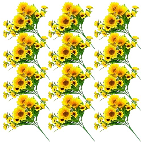 Image of ZEYGLXC 12 Pack Artificial Sunflowers Bouquets with Stems for Wedding Home Kitchen Table Birthday Decor Indoor Outdoor, Faux Sunflowers with 4 Big Sunflowers Heads 9 Small Sunflowers Heads