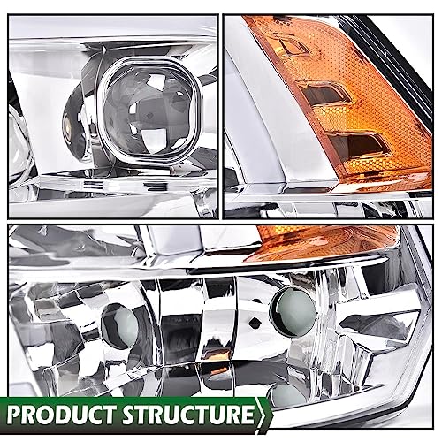 Image of GRAND ORANGE LED DRL Headlights Assembly Compatible with Dodge Ram 1500 2500 3500 2009-2012 Left & Right Head Lamps Clear Lens Chrome Housing Amber Reflector