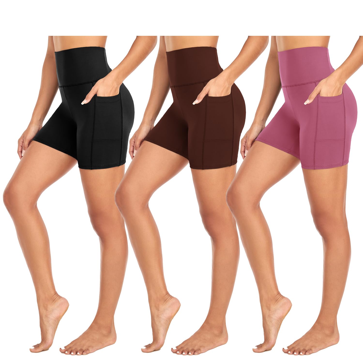 MOREFEEL 3 Pack High Waisted Biker Shorts for Women with Pockets 5