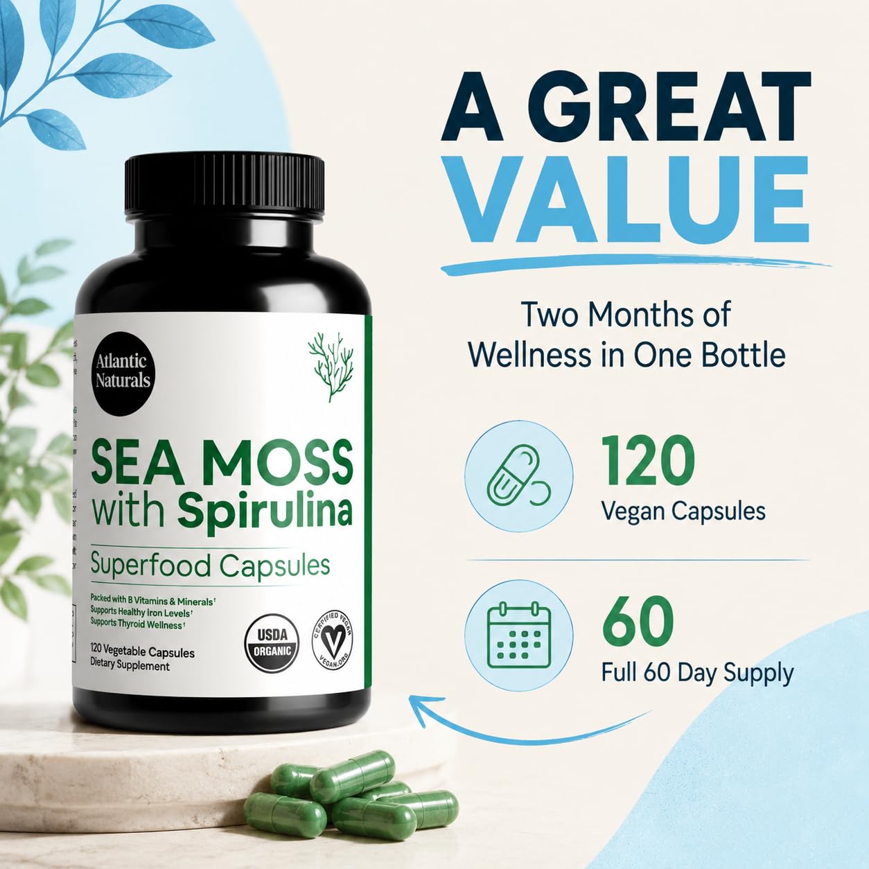 Sea Moss with Spirulina Capsules – Irish Sea Moss & Blue-Green Algae Superfood – Iron, Immune & Energy Support – Alternative to Sea Moss Gel & Spirulina Powder – 120 ct — Amazon image 5
