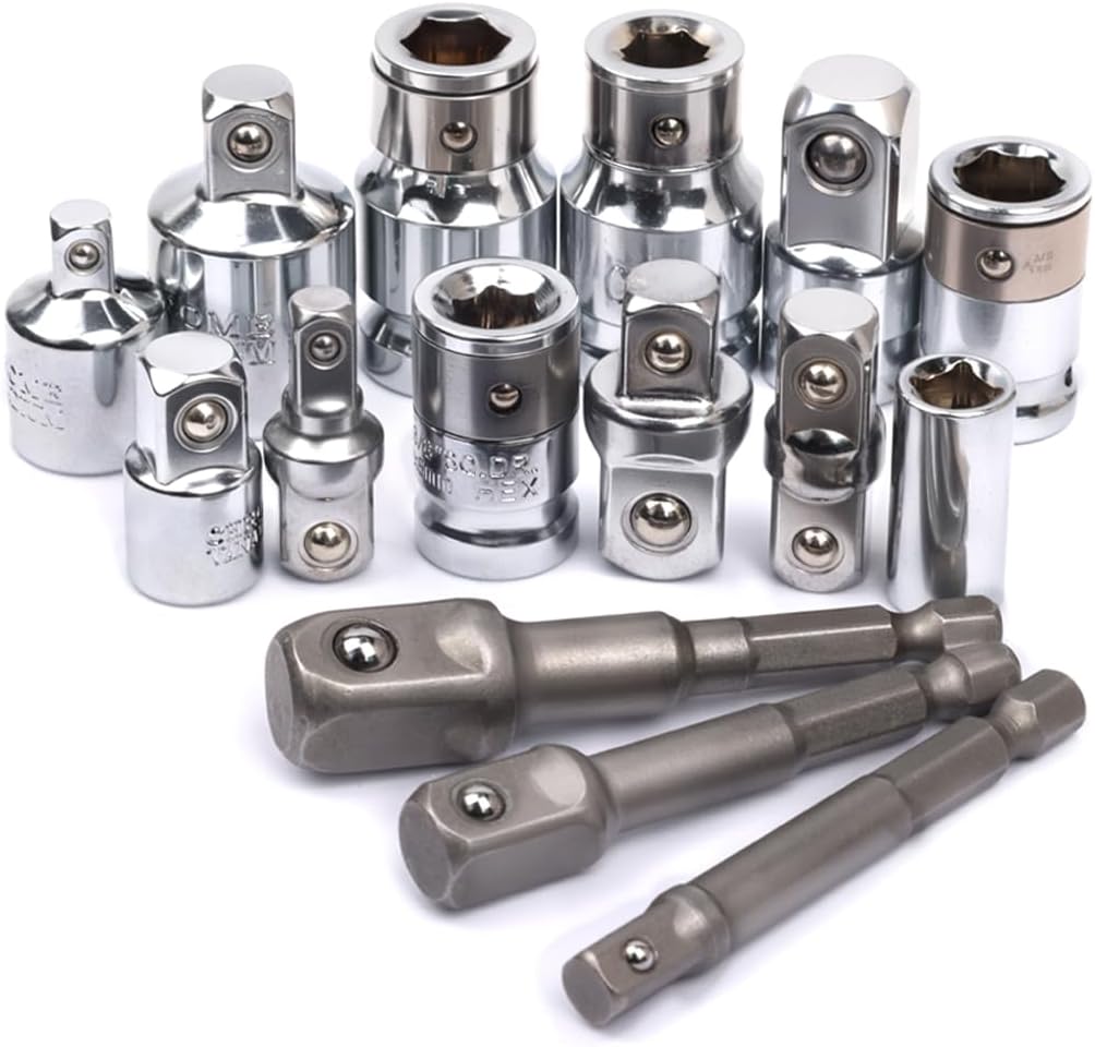 15 Pcs Socket Wrench Adapter, Square Ratchet Reducer Set Drill Sockets Bit Hex Holder 1/2 to 3/8 to 1/4 Double Head Conversion Kit for Automotive and Construction