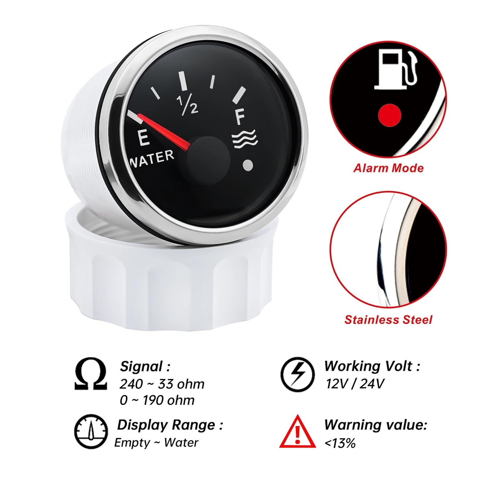 Wasserdicht IP67 52mm Wasserstandsanzeige mit Alarm Rotlicht Wasserstandssensor Wassertank Meter Anzeige Boot Auto Zuverlässiger Ersatz(0-190 ohm,150mm SensorXGauge)