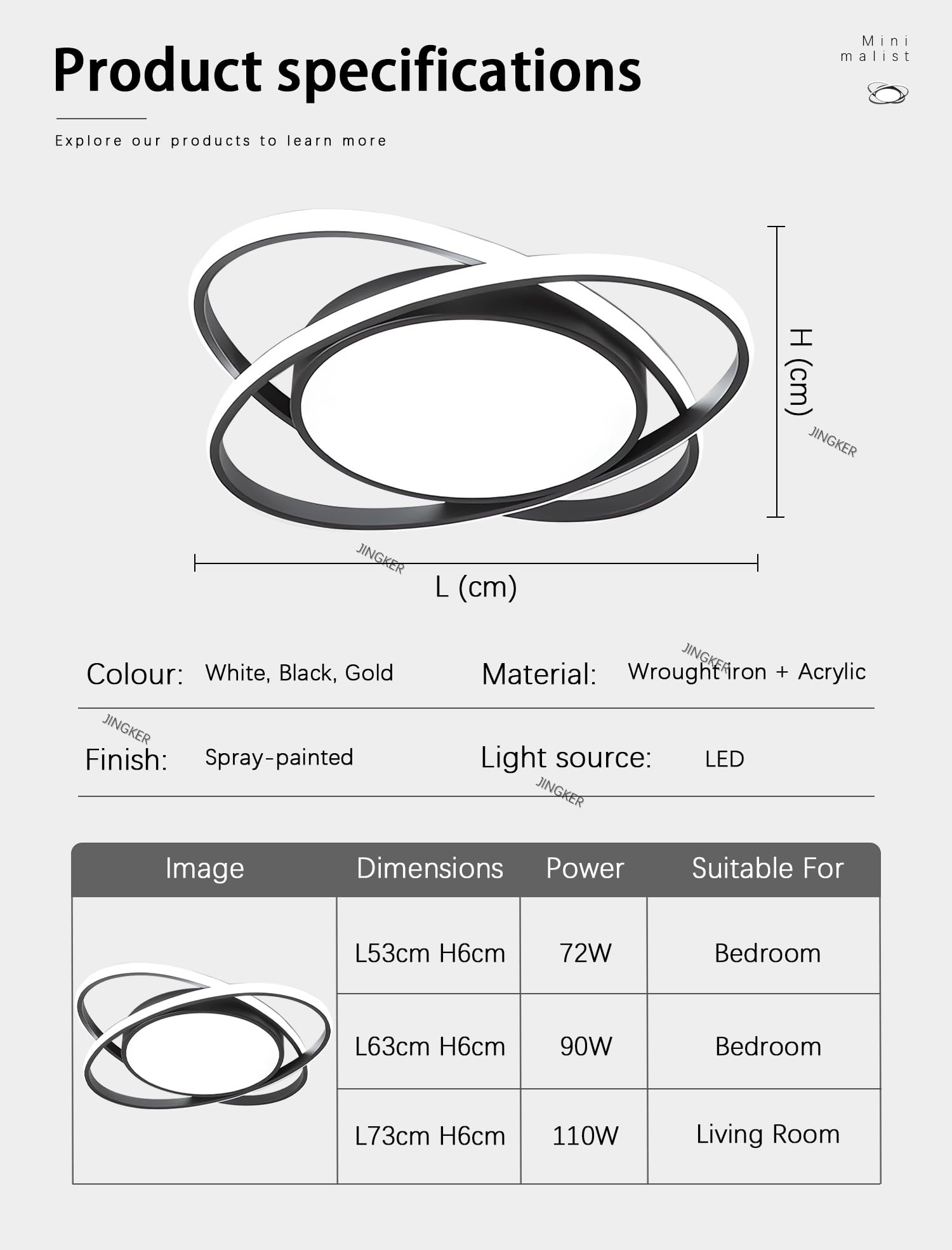 Nowoczesna minimalistyczna lampa sufitowa LED sypialni Okrągła konstrukcja 72W zpilotem Półwpuszczana lampa sufitowa Lampa sufitowa salonu Odpowiednia salonów isypialni (Czarny, L53cm)