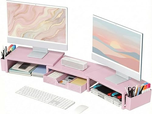 OPNICE Organizadores de Escritorio Rosa y Accesorios para Mujeres, Soporte Elevador para Monitor Dual de Computadora con Cajón y 2 Portaplumas,