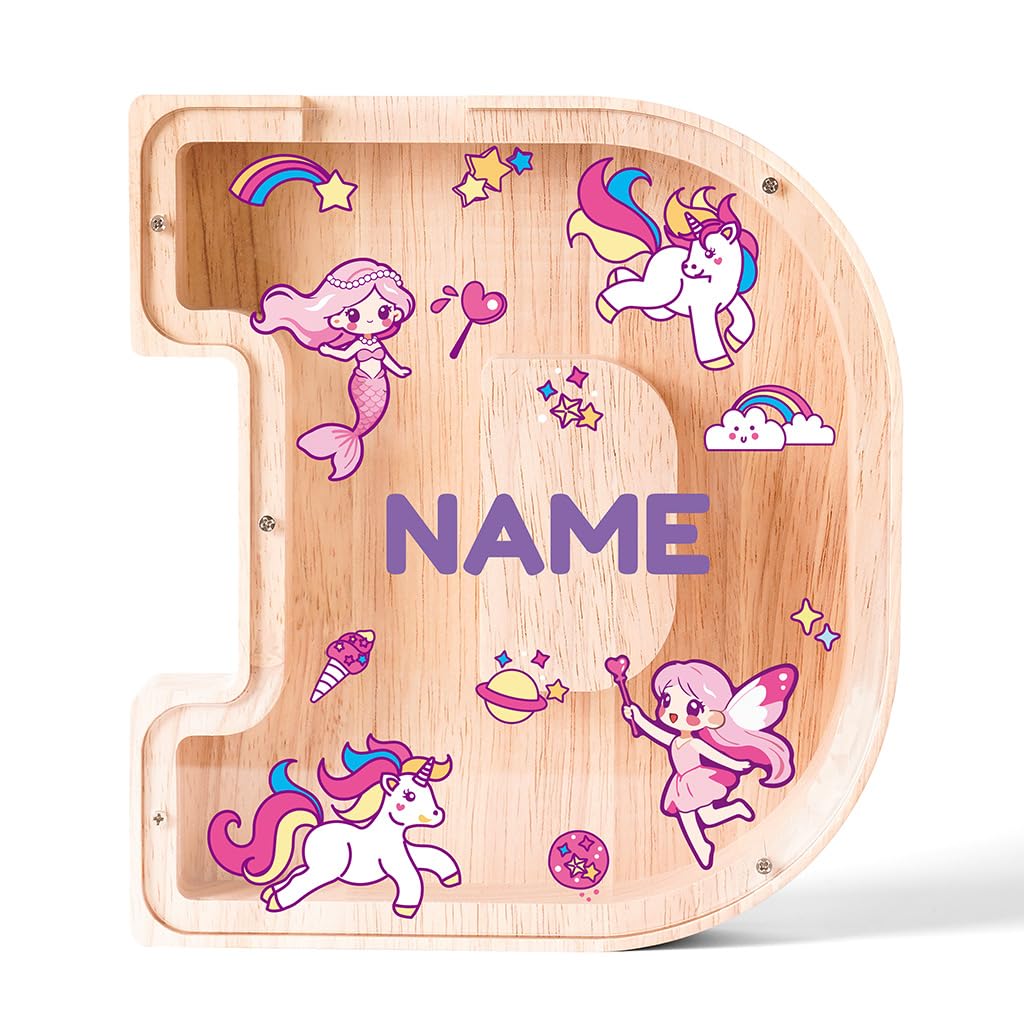Personalized Wooden Letter Piggy Bank for Kids | Custom Name Alphabet Coin Bank A–Z | Money Saving Box for Boys and Girls | Birthday Gift for Children (D)