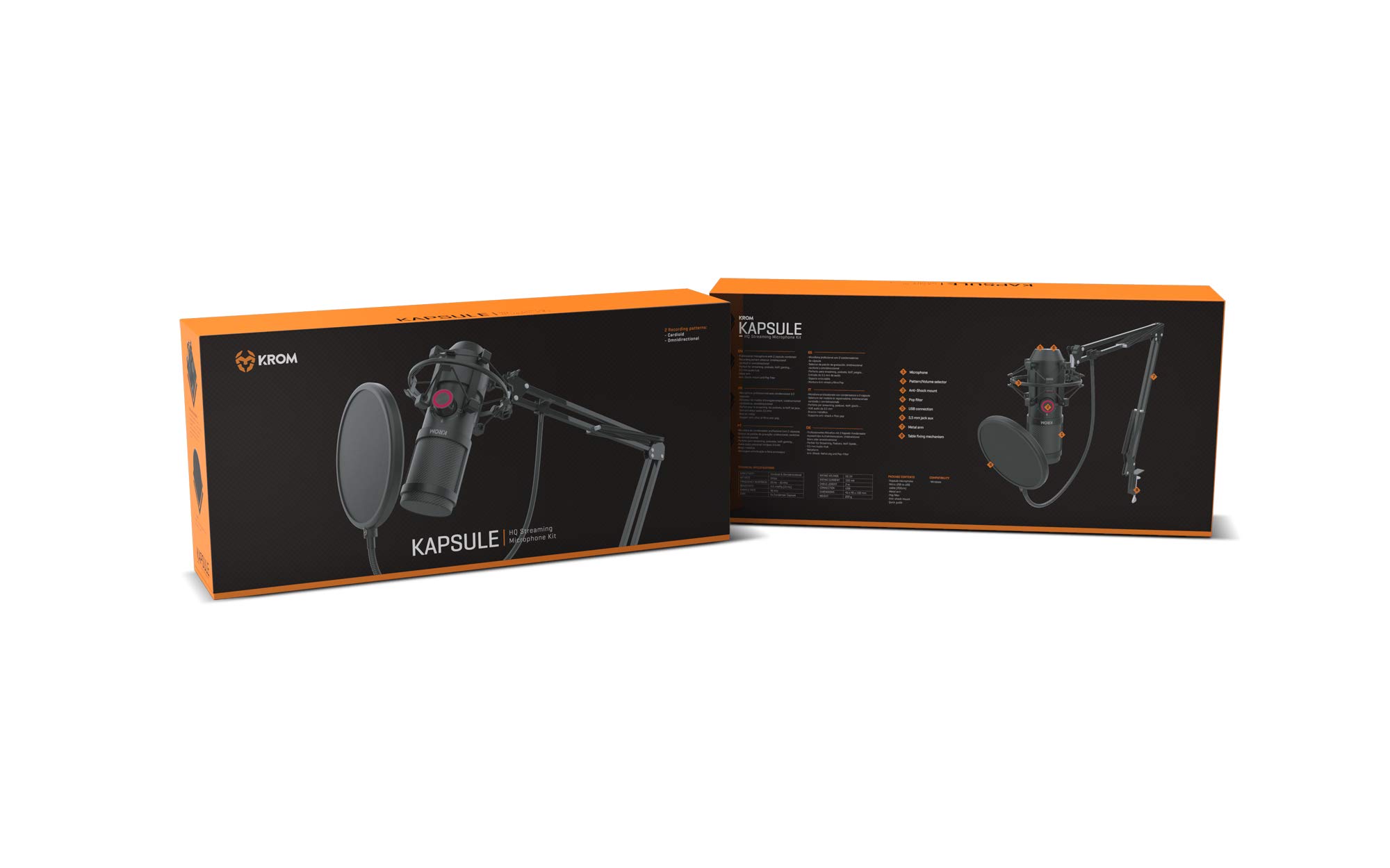 KROM KAPSULE – Micrófono de condensador USB con doble cápsula, patrón cardioide, filtro antipop y soporte antivibración para streaming, podcast y grabación – Negro