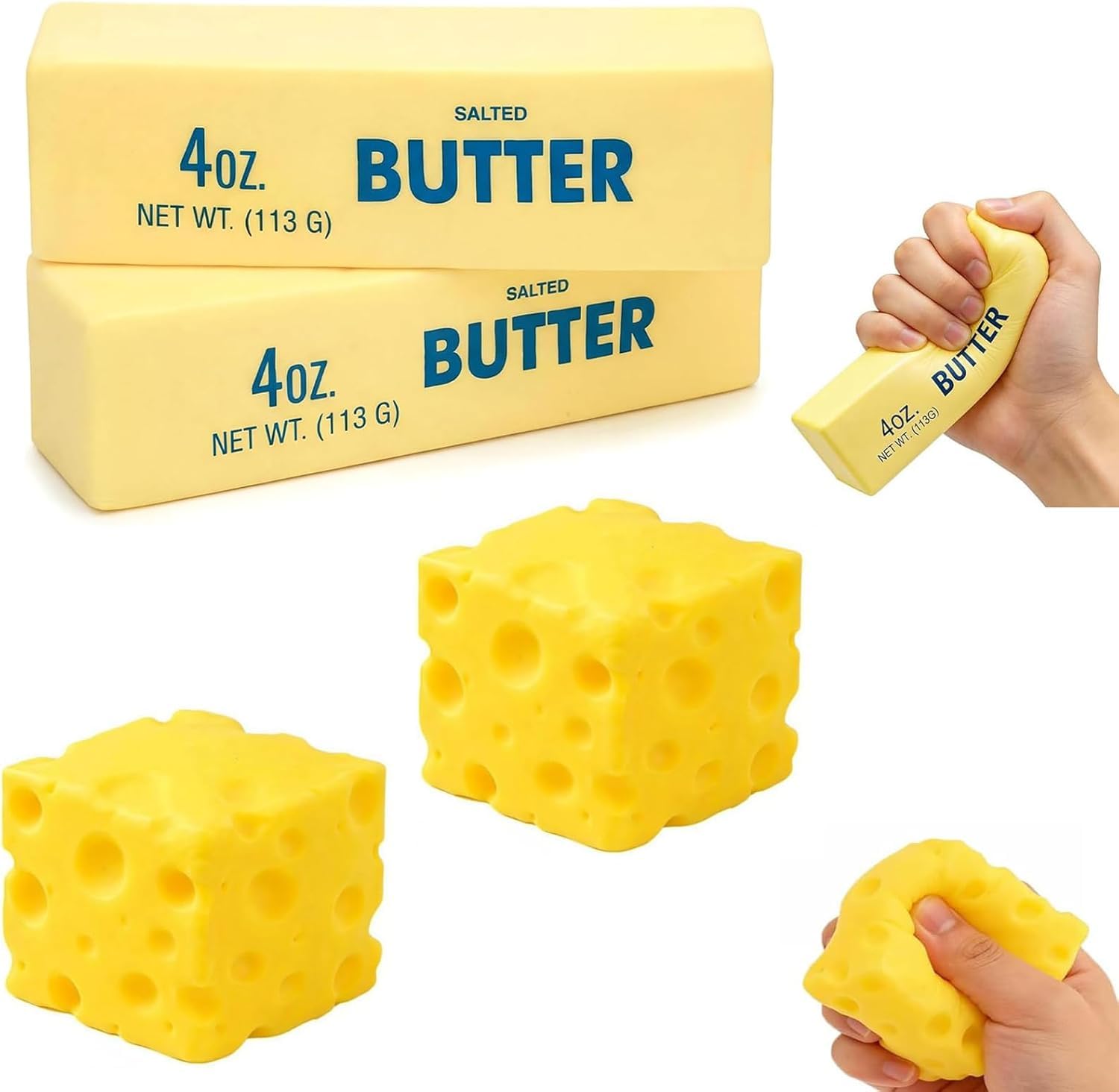4 PCS Squishy Cheese Butter, 2 PCS Squishy Butter and 2 PCS Cheese, Stress Relief Cube Block, Yellow Unbreakable Figurine Simulation Cheeses Ball