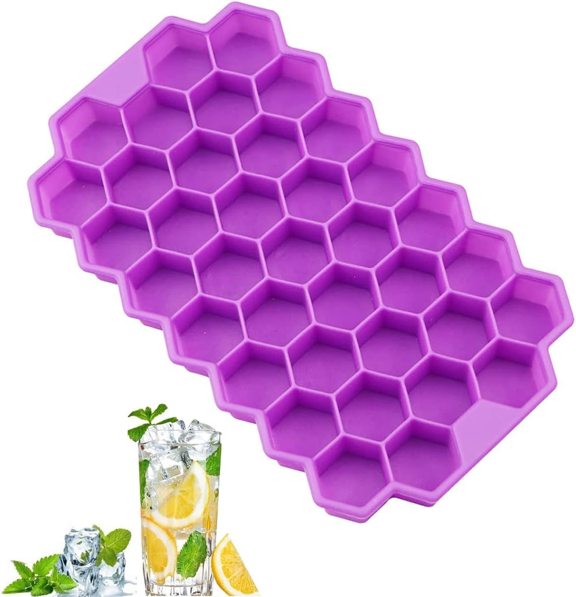 Showay 1 Pack Household silicone ice cube box with a cover honeycomb ice tray homemade model 37 grid honeycomb ice cube ice cream box baby food mold