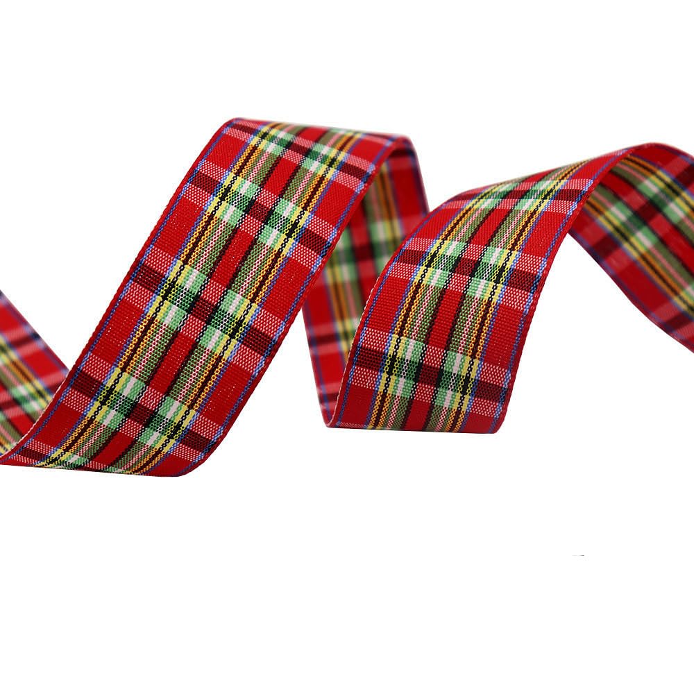 Tartan Ribbon, 25mm x 9M Black Watch for Christmas Valentine's Day Scene Decoration(Red Yellow Green)
