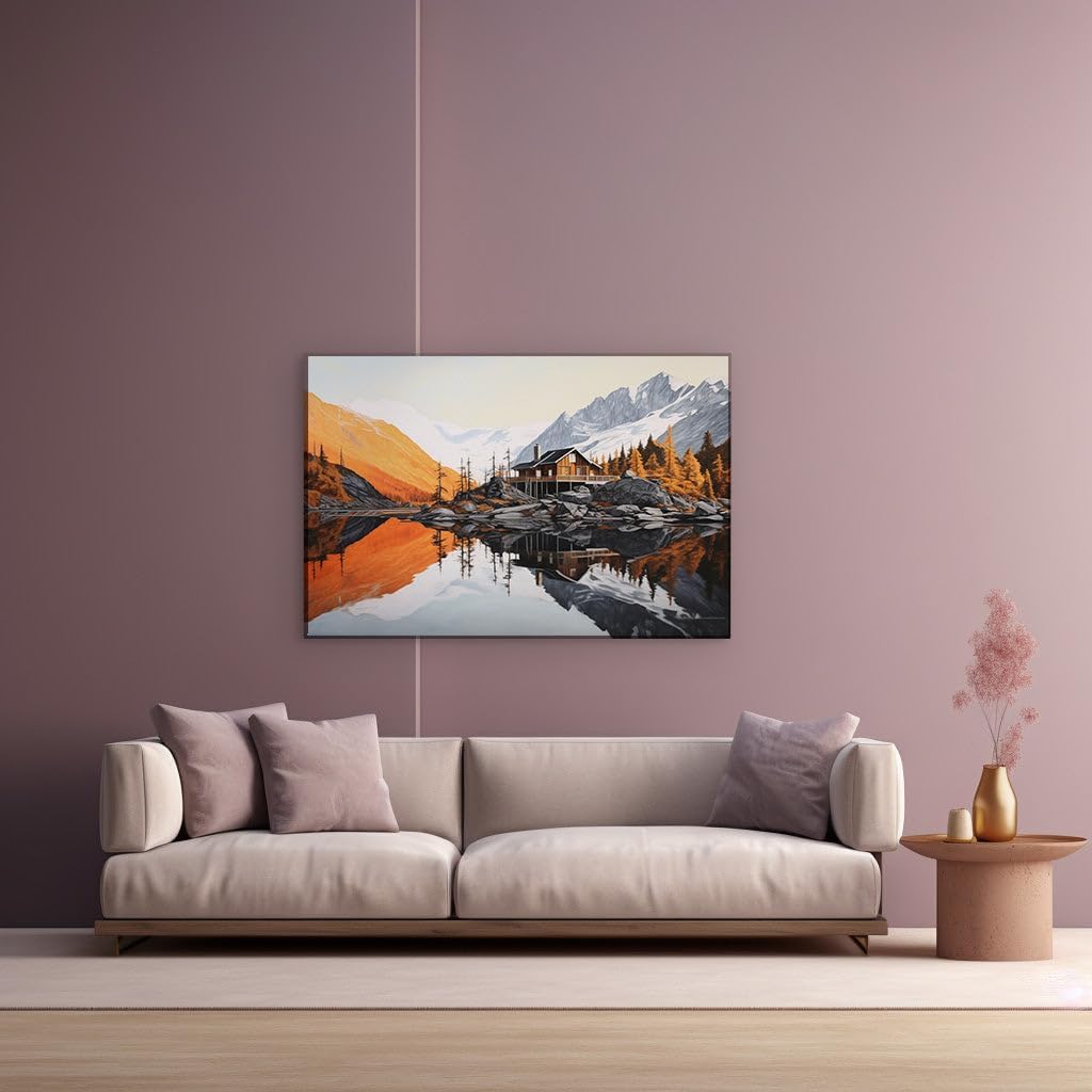 Canvas for Living room. Serene Lakeside Retreat: A Wooden Sanctuary Amidst Whispering Pines and Distant Snow-Capped Peaks, 27 x 18 inch Canvas Wall Art - Contemporary Masterpieces - Modern Home Decor