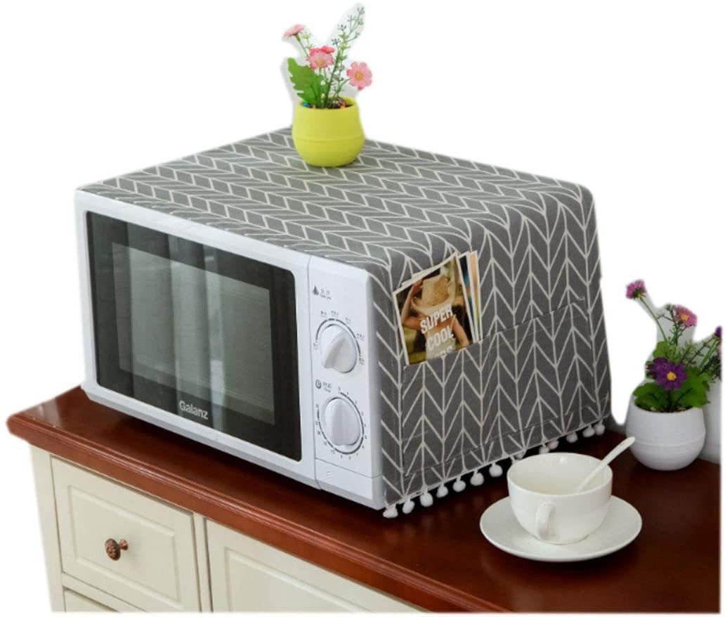 Microwave Oven Cover, Dustproof Protector Decorative Kitchen Appliance Cover, with Side 4 Storage Organizer Bags 11.8x35.4", Oil Proof Cloth Cotton Linen Kitchen Toaster Protector (Gray Triangle)