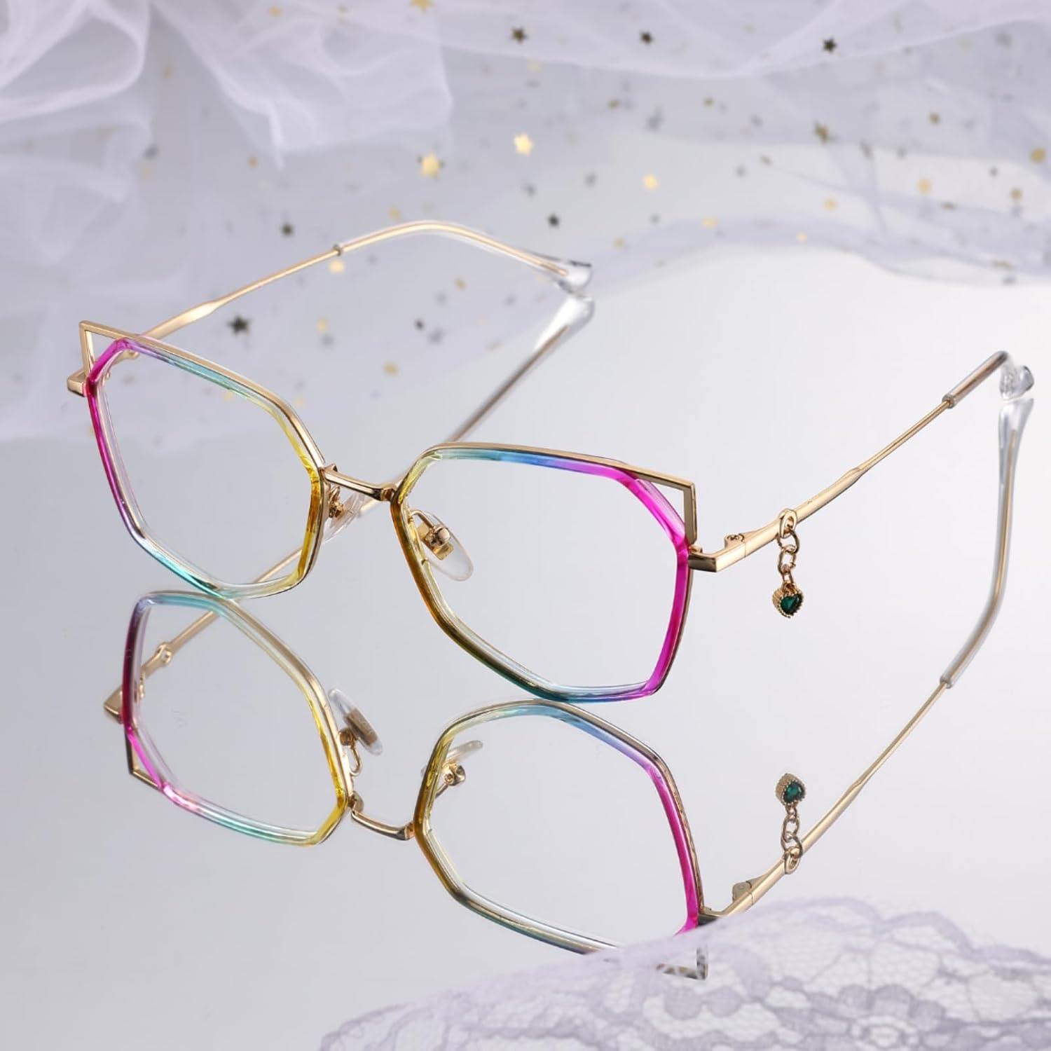 Firmoo Cat Eye Blue Light Blocking Glasses with Gemstone Pendant for Computer Reading Glasses for Women UV400 Protection