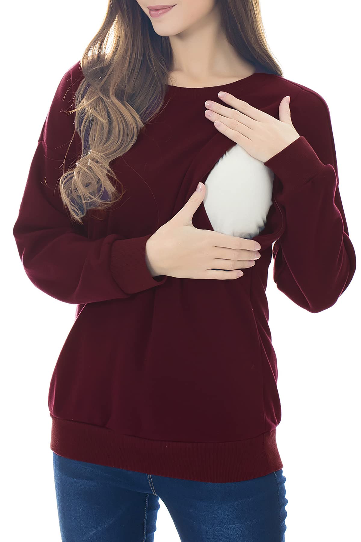 Smallshow Pflege Sweatshirt Langarm T-Shirt Bluse Stillen Pullover Tops Stillshirt Wine L