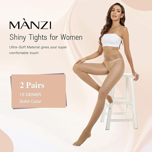 Miniatura 3 de MANZI Pantyhose brillante para mujer, 2 pares de medias transparentes brillantes ultra sedosas