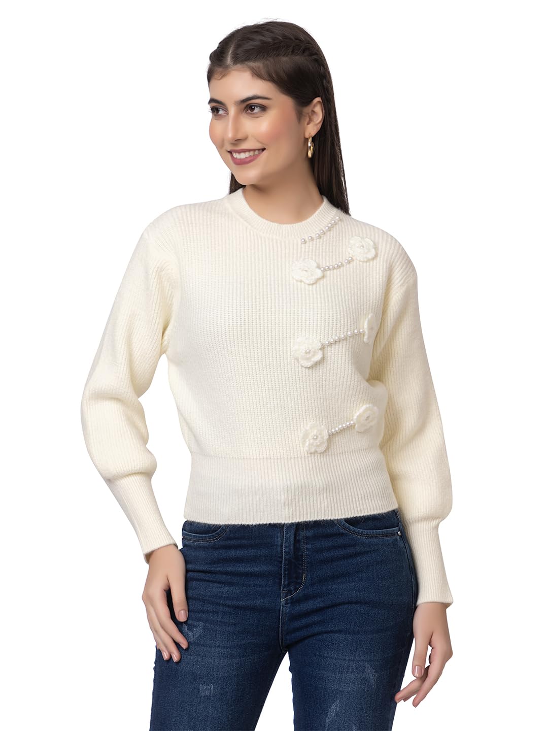 gfo Fancy Ribbed Sleeves Woollen Top Type Sweaters for Women-picture-53