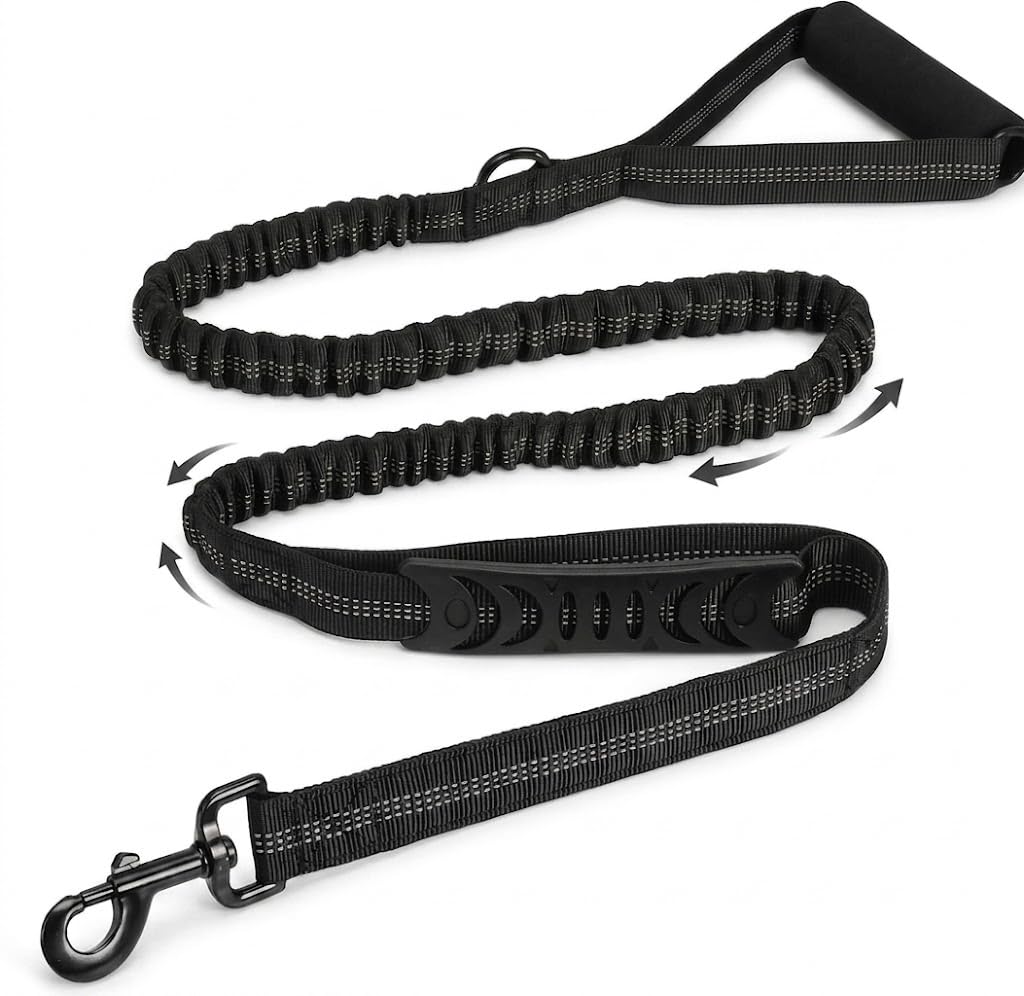 Smycz bungee dla psa 3,6-6,9 ft, smycz anti-pull z miękką wyściełaną rączką i krótkim uchwytem, amortyzująca smycz linowa, odblaskowa