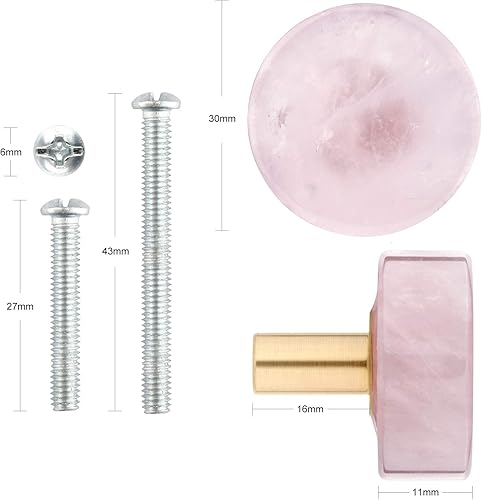Miniatura 4 de Rockcloud Paquete de 2 pomos de cuarzo rosa con piedra de cristal natural para cajones, tiradores de puerta de armario con tornillos, accesorios
