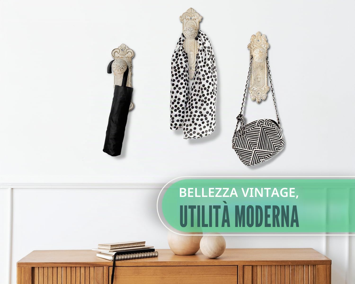 Set di 3 Ganci da Parete in Ghisa Stile Shabby Chic - Colore Bianco Rustico - Viti e Tasselli Inclusi - Ganci Antichi per Appendere i Vestiti