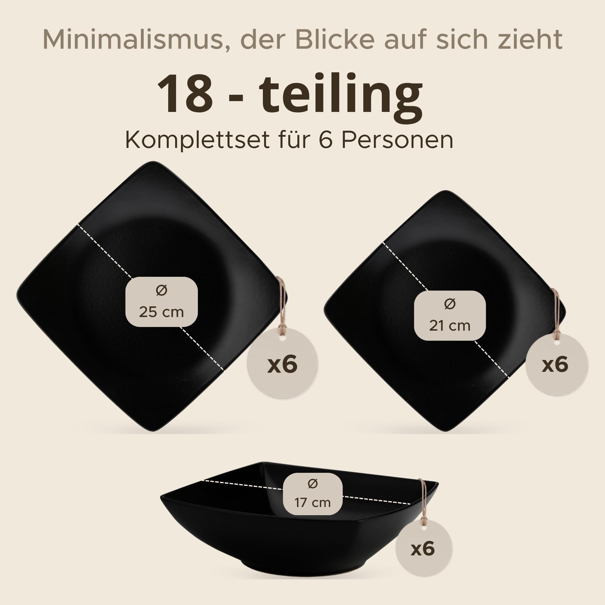 KONSIMO EPIRI Geschirrset 6 Personen, 18-teiliges Tafelservice aus Steinzeug – Modernes Teller Set mit Speisetellern, Frühstückstellern & Schalen Geschirr Set (Schwarz Matt, für 6 Personen)