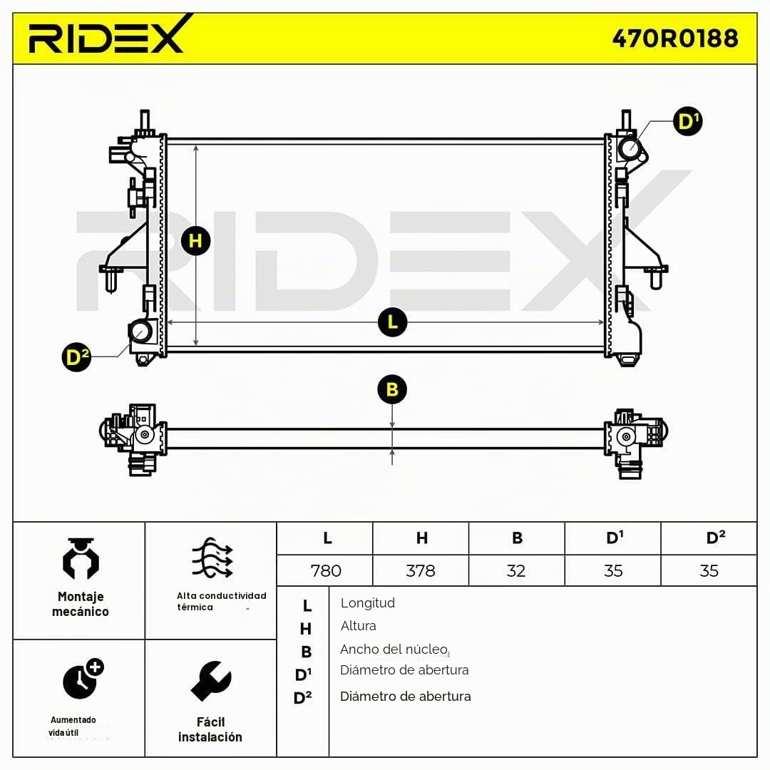 RIDEX 470R0188 Radiador refrigeración del motor sin junta sin depósito de compensación sin bastidor Compatible con FIAT Ducato Camión de plataforma/Chasis 250, 290