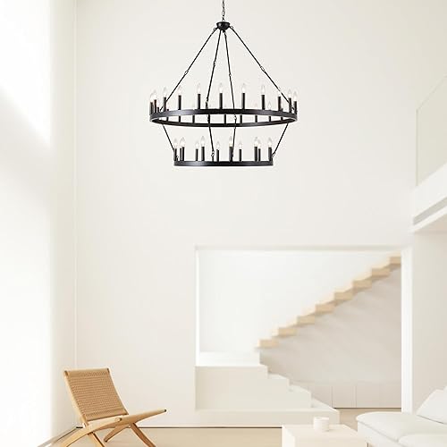 Miniatura 5 de Candelabro negro con rueda de carro, lámpara de 2 niveles y 36 luces de granja, lámpara colgante de techo para cocina, comedor, entrada