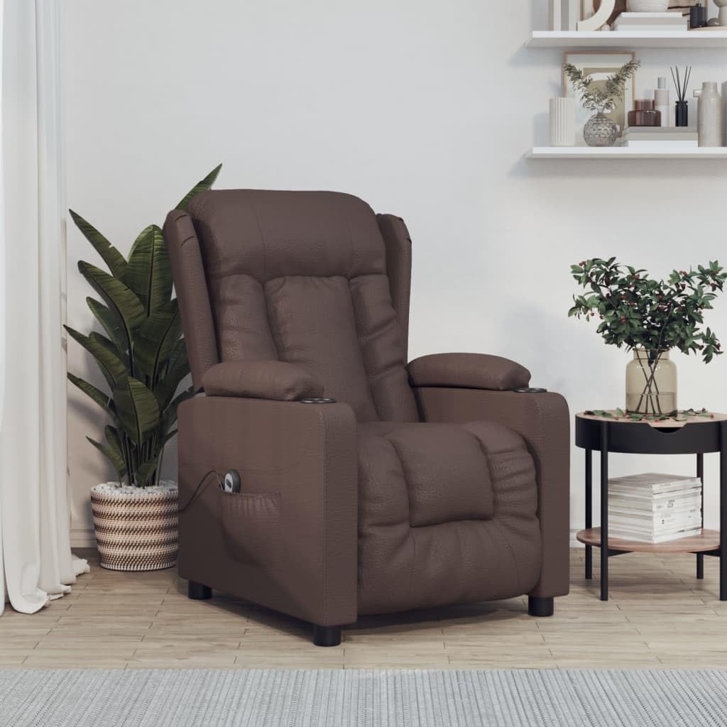 Poltrona reclinabile elettrica marrone in similpelle con 3 posizioni di reclinazione, braccioli imbottiti, struttura in metallo e legno, seduta ergonomica per soggiorno, salotto