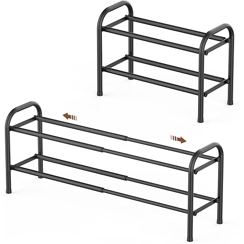 Gonfoam 2-Tier Expandable Shoe Rack,Adjustable Shoe Shelf Storage Organizer Heavy Duty Metal Free Standing Shoe Rack for Entryway Closet Doorway (Black)