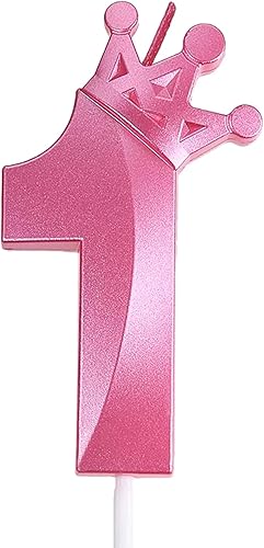 Vela rosa de cumpleaños número 1, decoración temática rosa para fiesta de primer cumpleaños, velas de número 3D diseñadas con corona para decoración
