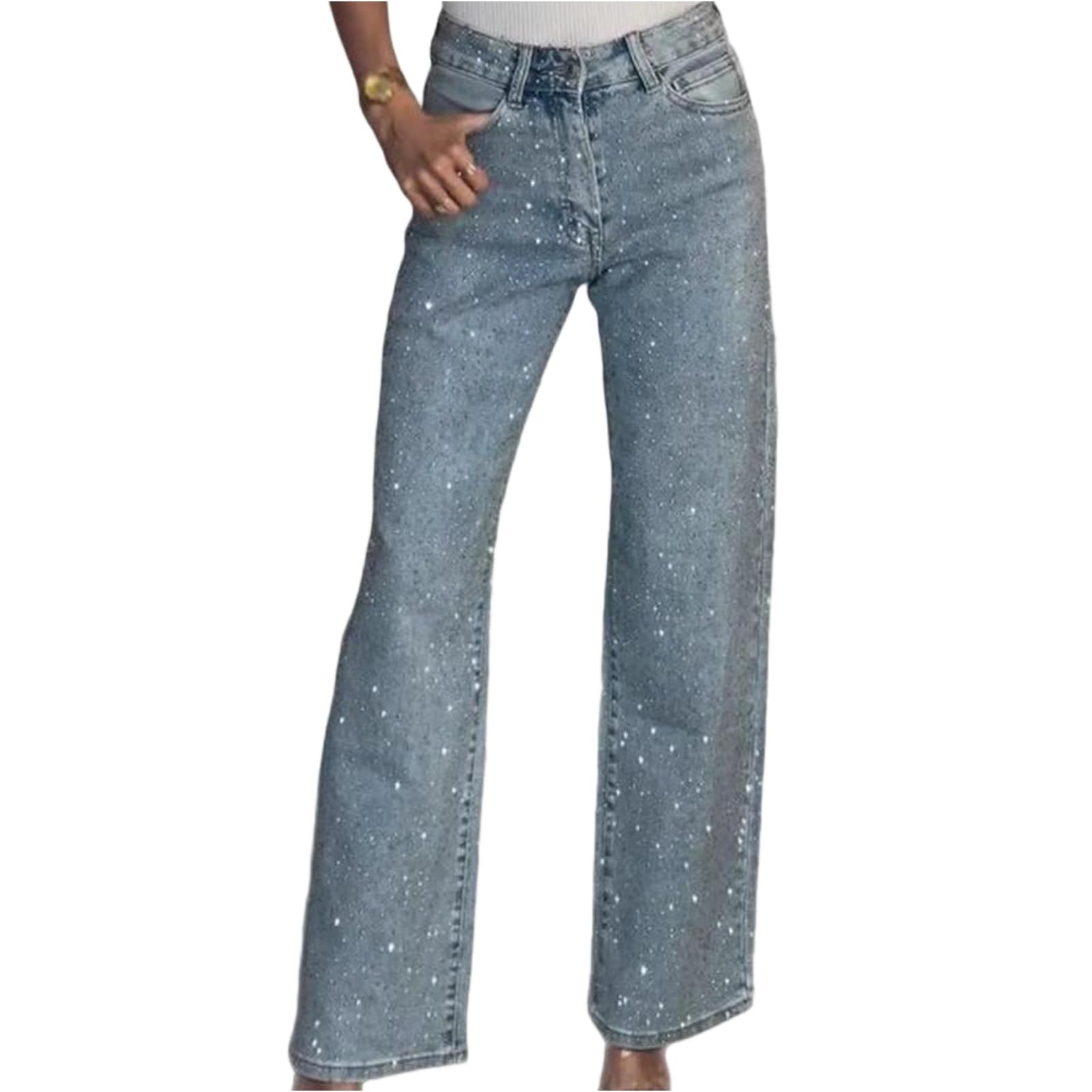 Jeans Damen High Waist Straight Glitzer Hose Damen Elegant Strass Weites Bein Jeanshose Baggy Y2K Palazzo Hosen Damen Lang Party Damenhosen Denim Mit Knöpfen Stylische Marlenehose Bequeme