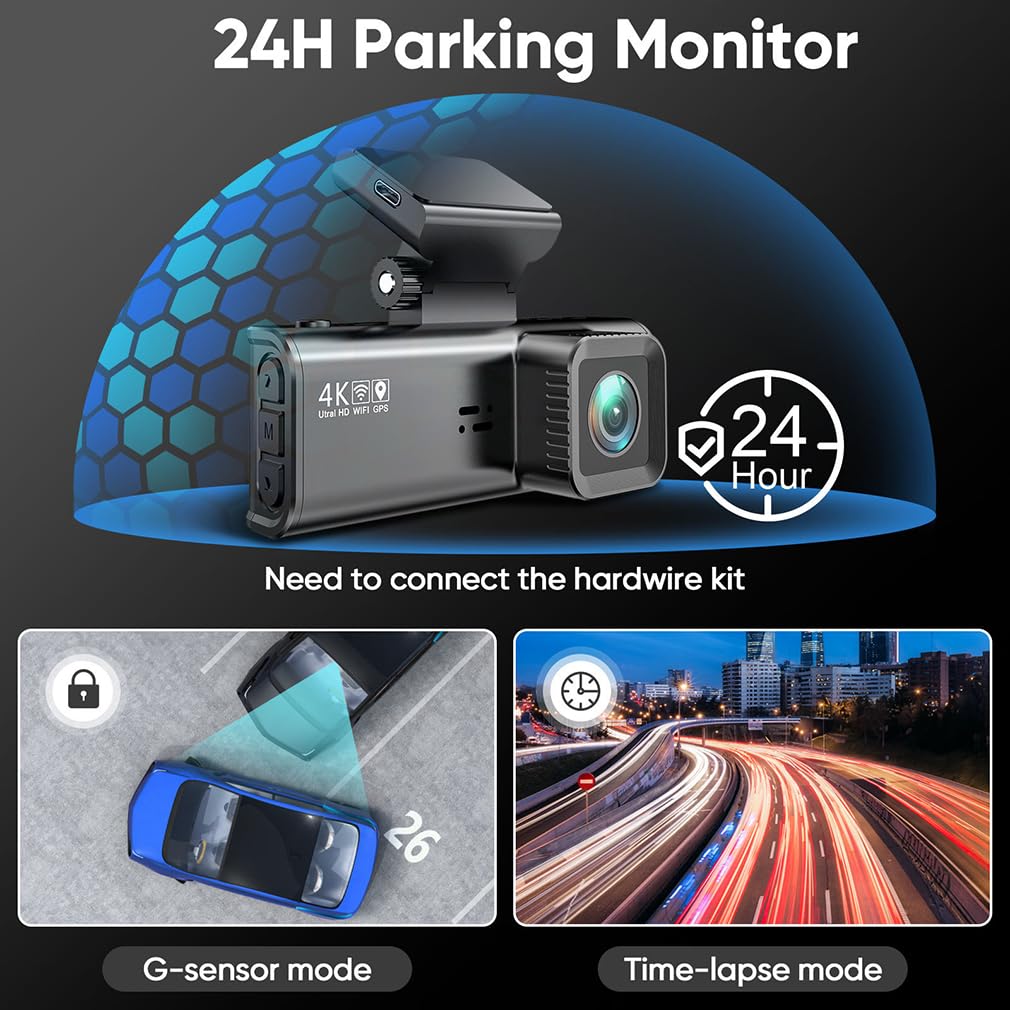 Kamera samochodowa 4K z przodu i z tyłu, kamera samochodowa z podwójnym obiektywem, wbudowana WiFi ze śledzeniem GPS DVR, superkondensator noktowizor 24-godzinny tryb parkowania, czarna skrzynka