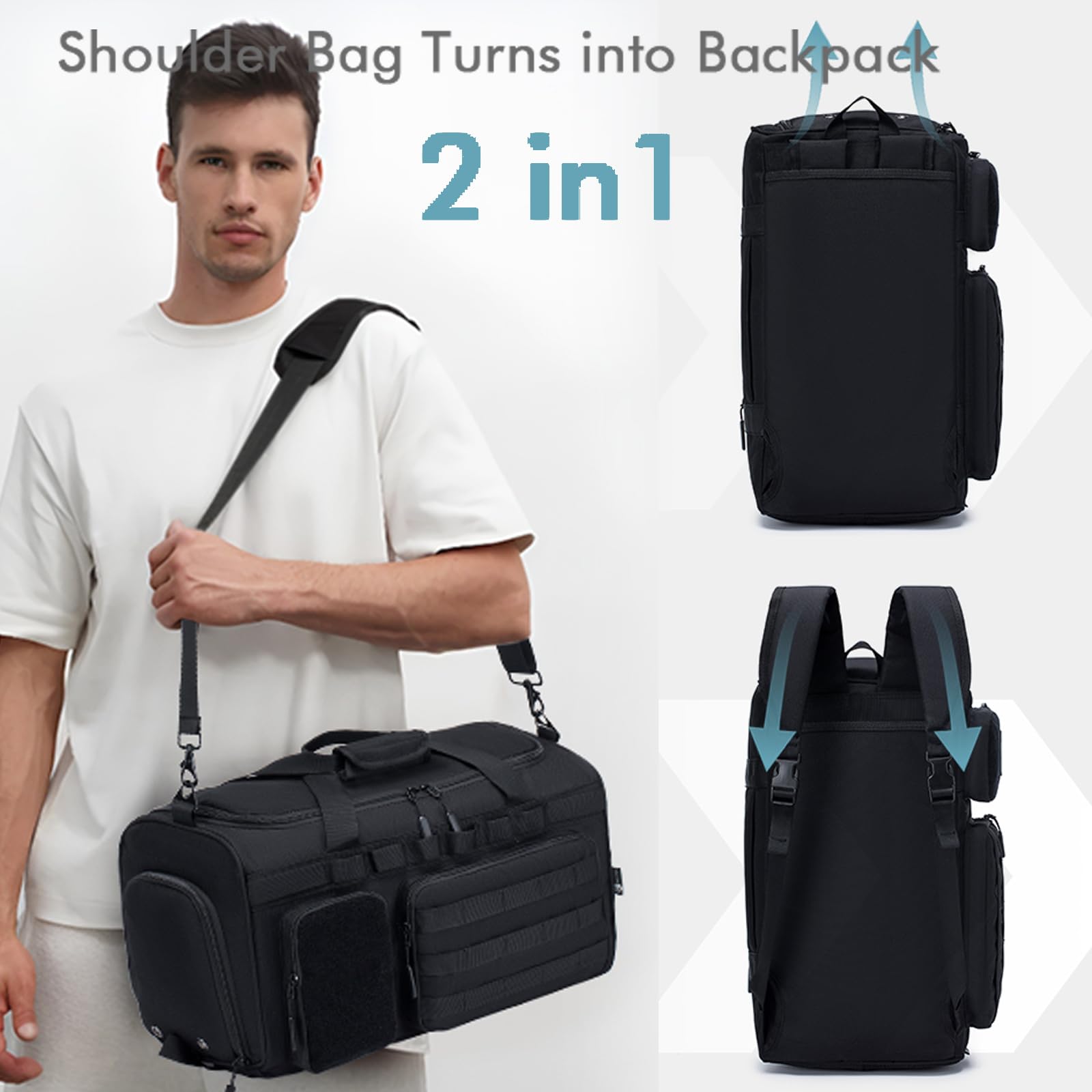 BAGZY Arbeitstasche Herren 40L Taktische Reisetasche Sporttasche mit Rucksackfunktion Einsatztasche Polizei Trainingstasche mit Schuhfach Nassfach Groß Rucksack für Gym Fitness Weekender Schwarz