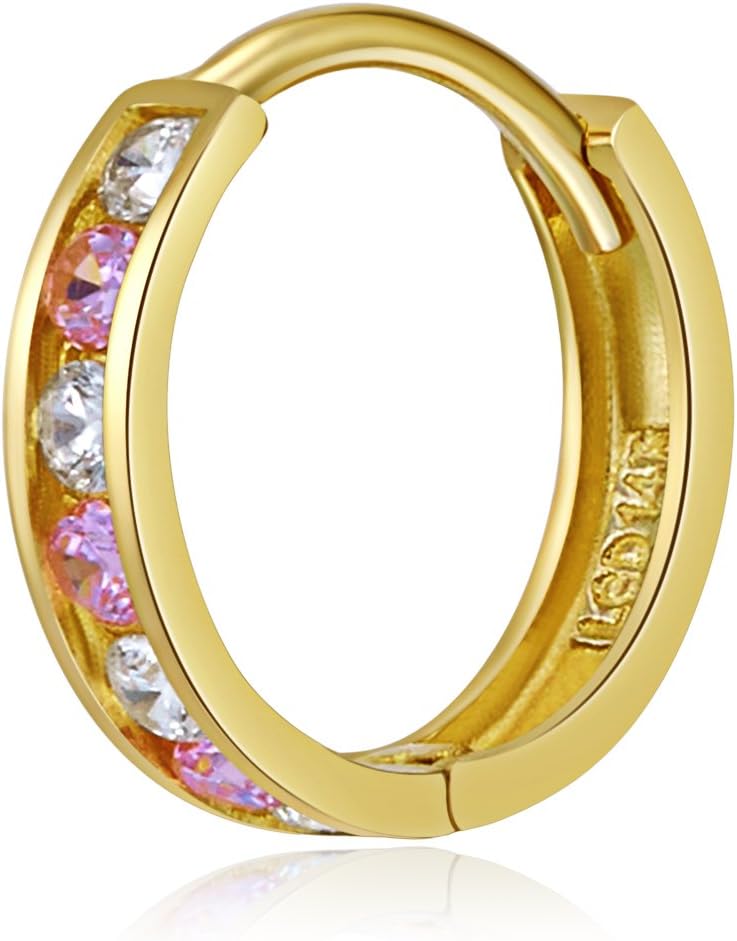 14k Yellow Gold 2mm Thickness CZ Channel Set Hoop Huggie Earrings (12 x 12 mm) - 3 Different Color Available