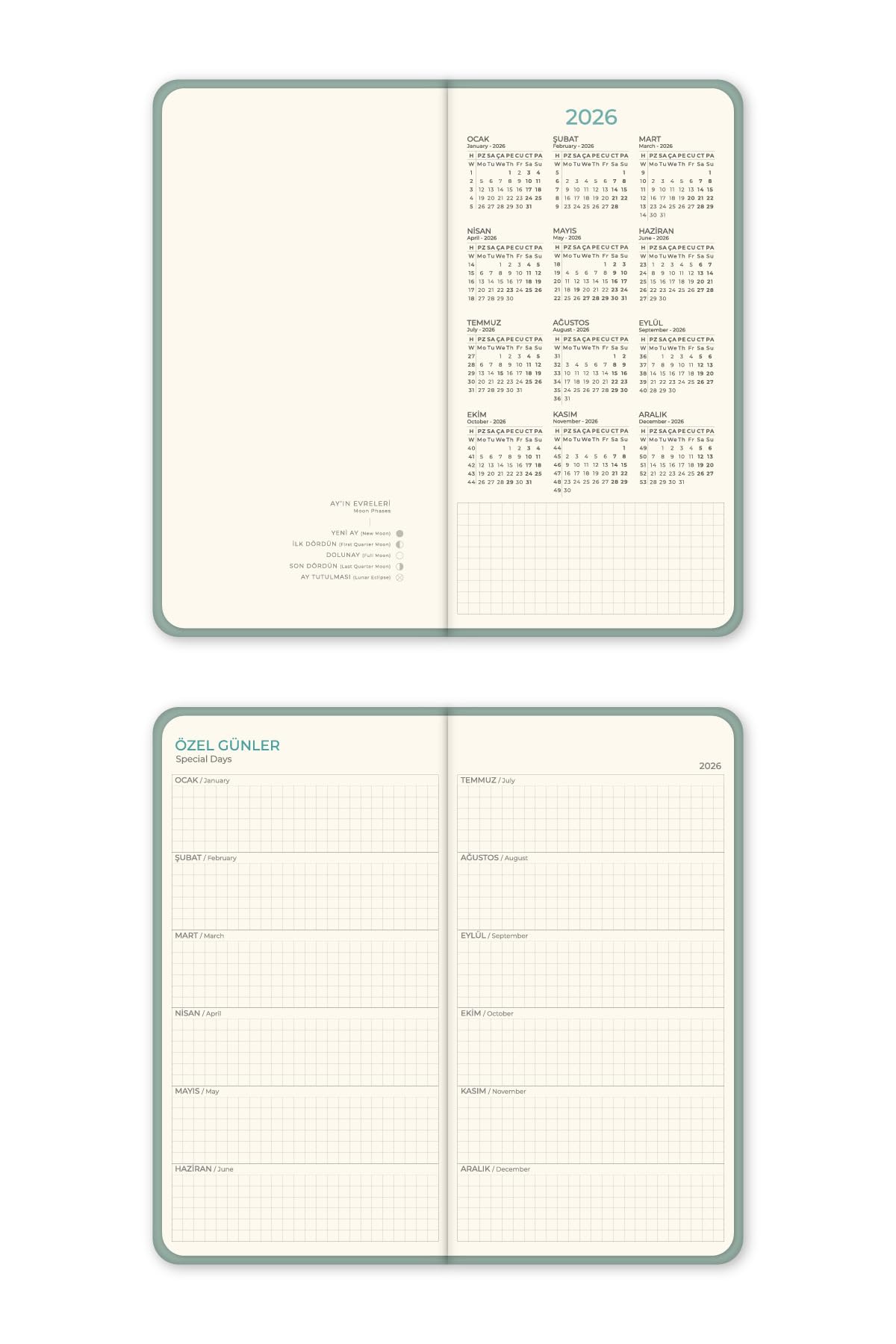 2026 Haftalık Cep Ajandası 12 Aylık - Yeşil