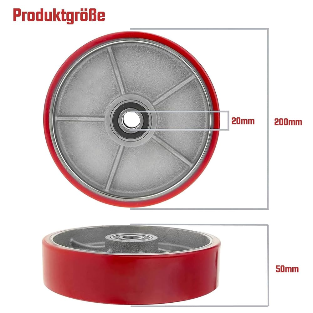 Lot De 2 Roues De Chariot En Polyuréthane PU 200x50mm Rouge - Axe 20mm - Charge 3000 Kg
