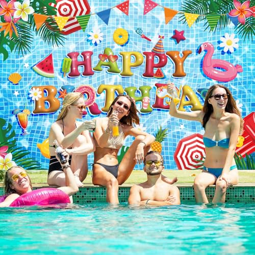 Image of Pool Party Decorations, 5x3Ft Blue Happy Birthday Pool Party Backdrop Banner Summer Pool Birthday Decorations for Summer Vacation Party Supplies Photo Booth Props