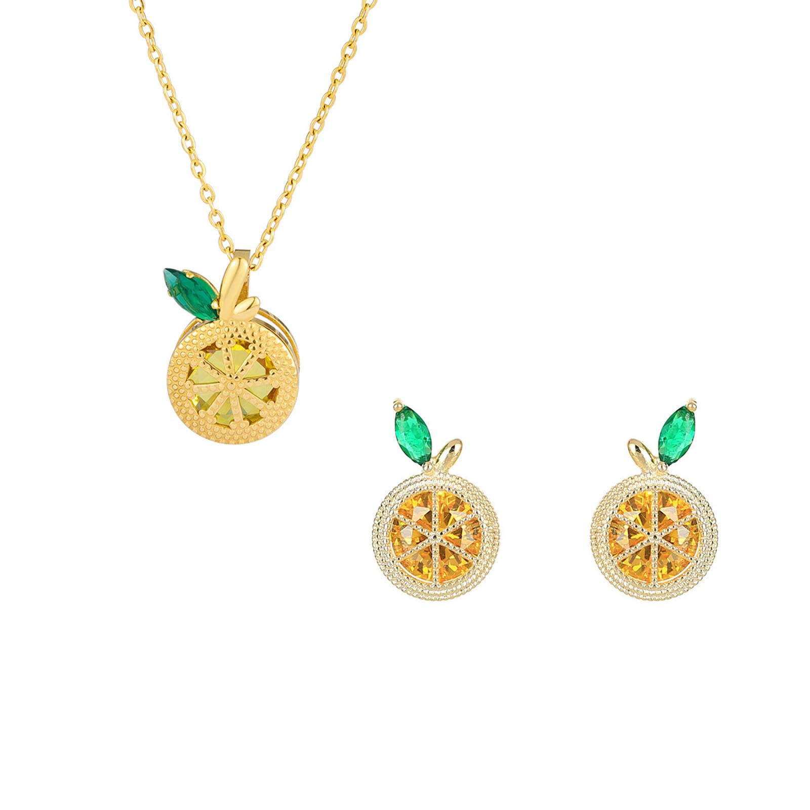 QLUYCKW Lemon Necklaces Earrings Set for Women Lovely Lemon Fruit Crystal Stud Earrings Sparkly Green Leaf Lemons Pendent Necklace Fashion Jewelry